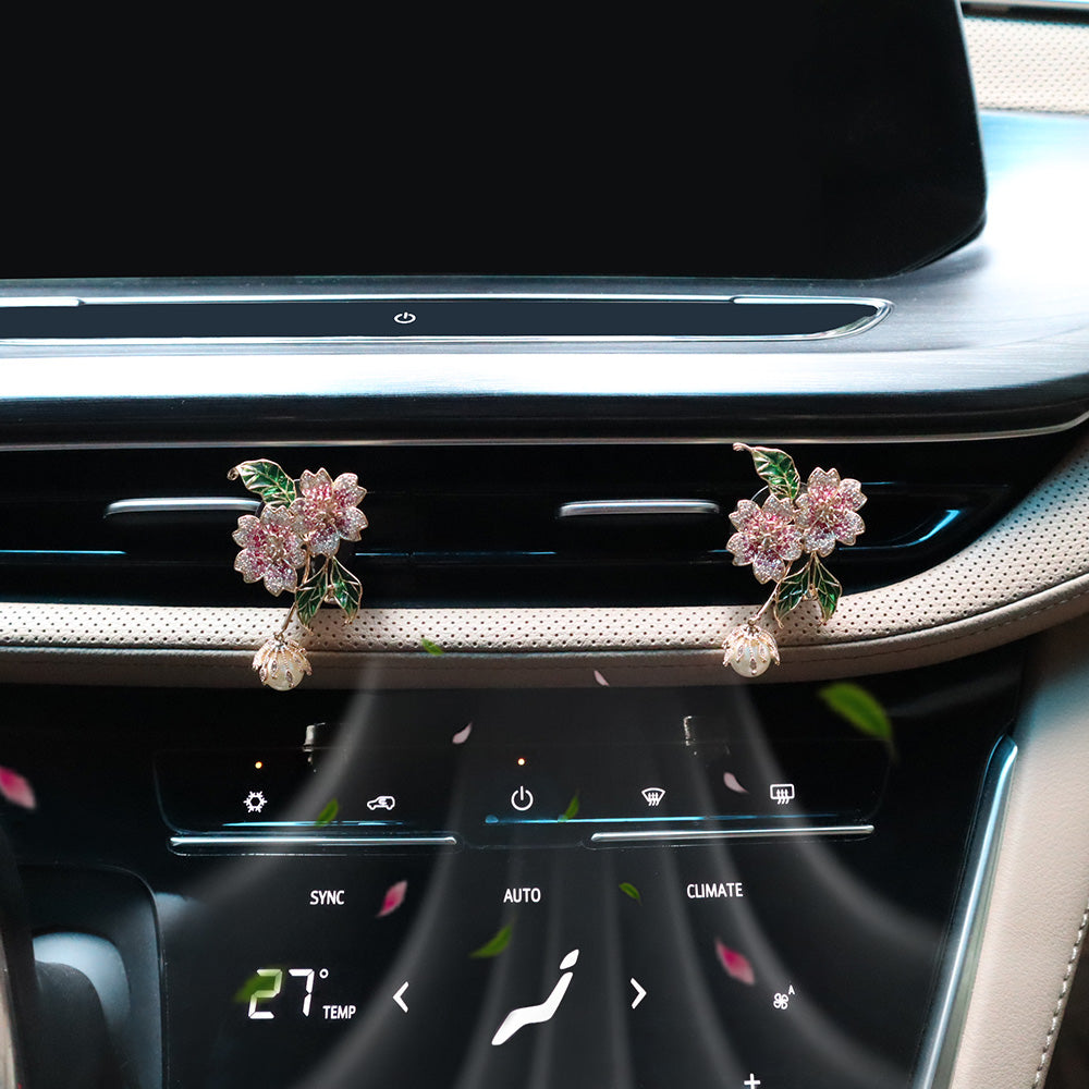 2pcs Elegant Zircon Pink Brass Alloy Flower Pendant Car Air Freshener Vent Clips,Lavender Car Scent