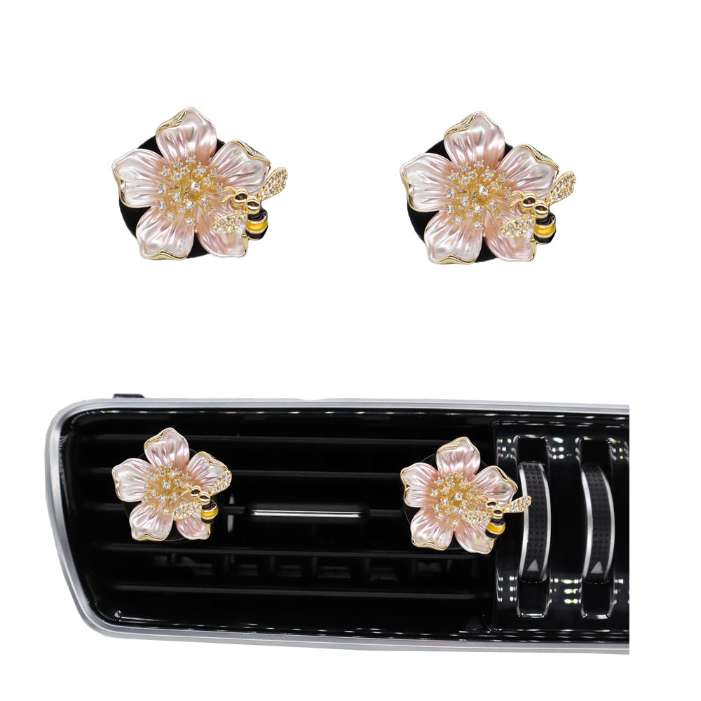 Peach Blossom Pink2pcs Glamour Zircon Flower Swing bee Car Air Freshener Vent Clips Car Decoration Interior Aesthetics,Refillable Car Scents
