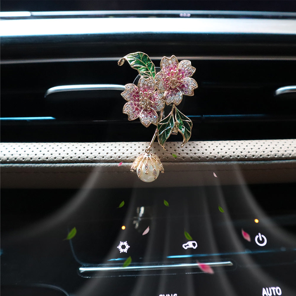 2pcs Elegant Zircon Pink Brass Alloy Flower Pendant Car Air Freshener Vent Clips,Lavender Car Scent