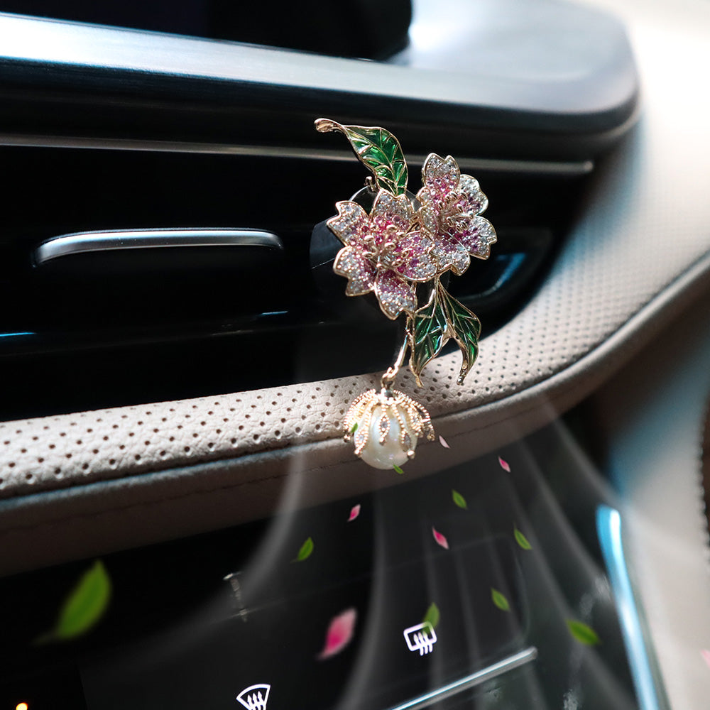 2pcs Elegant Zircon Pink Brass Alloy Flower Pendant Car Air Freshener Vent Clips,Lavender Car Scent