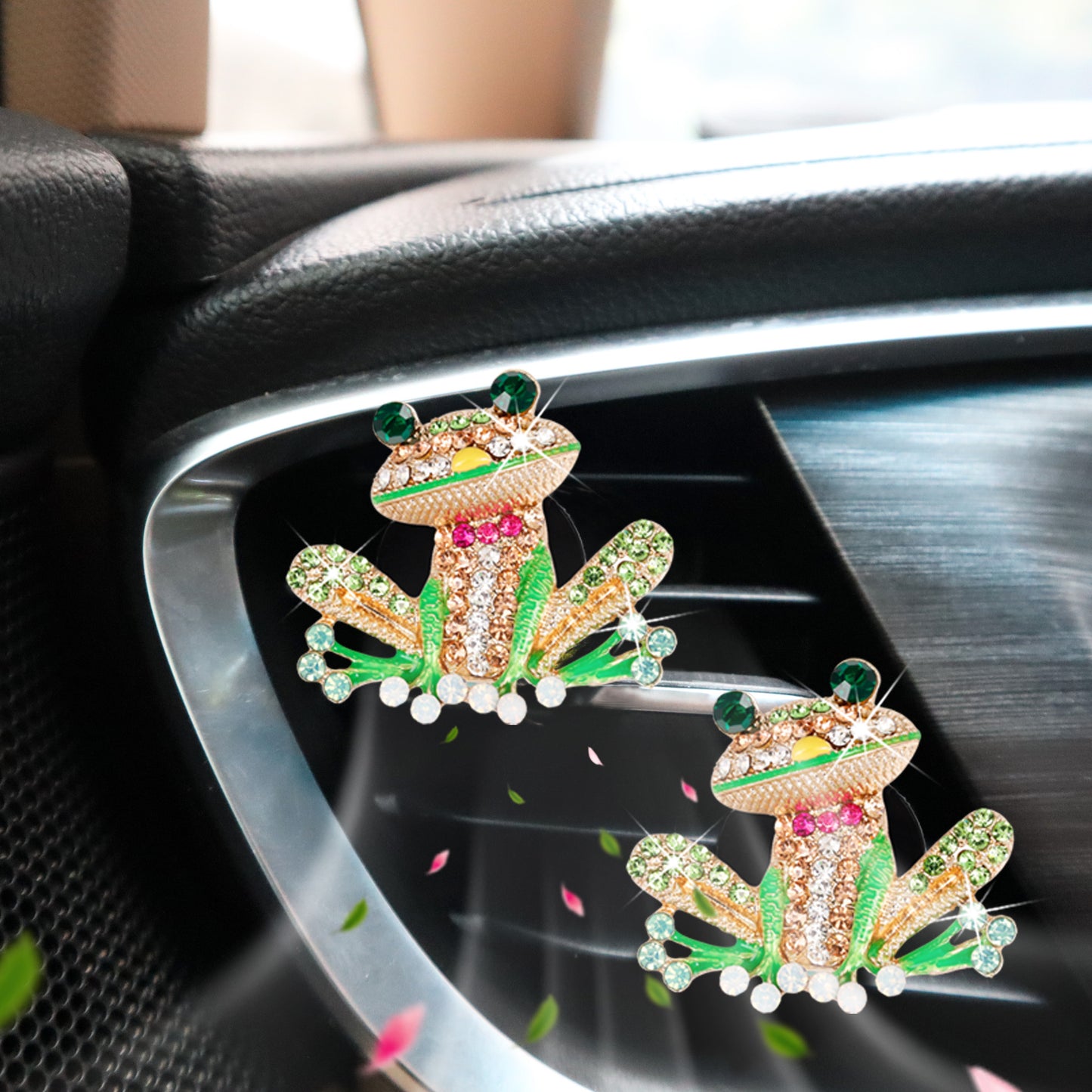 2pcs Bling Frog Car Air Freshener Vent Clips,Cute Colorful Rhinestones Alloy Frog,Vanilla Scent Tablets