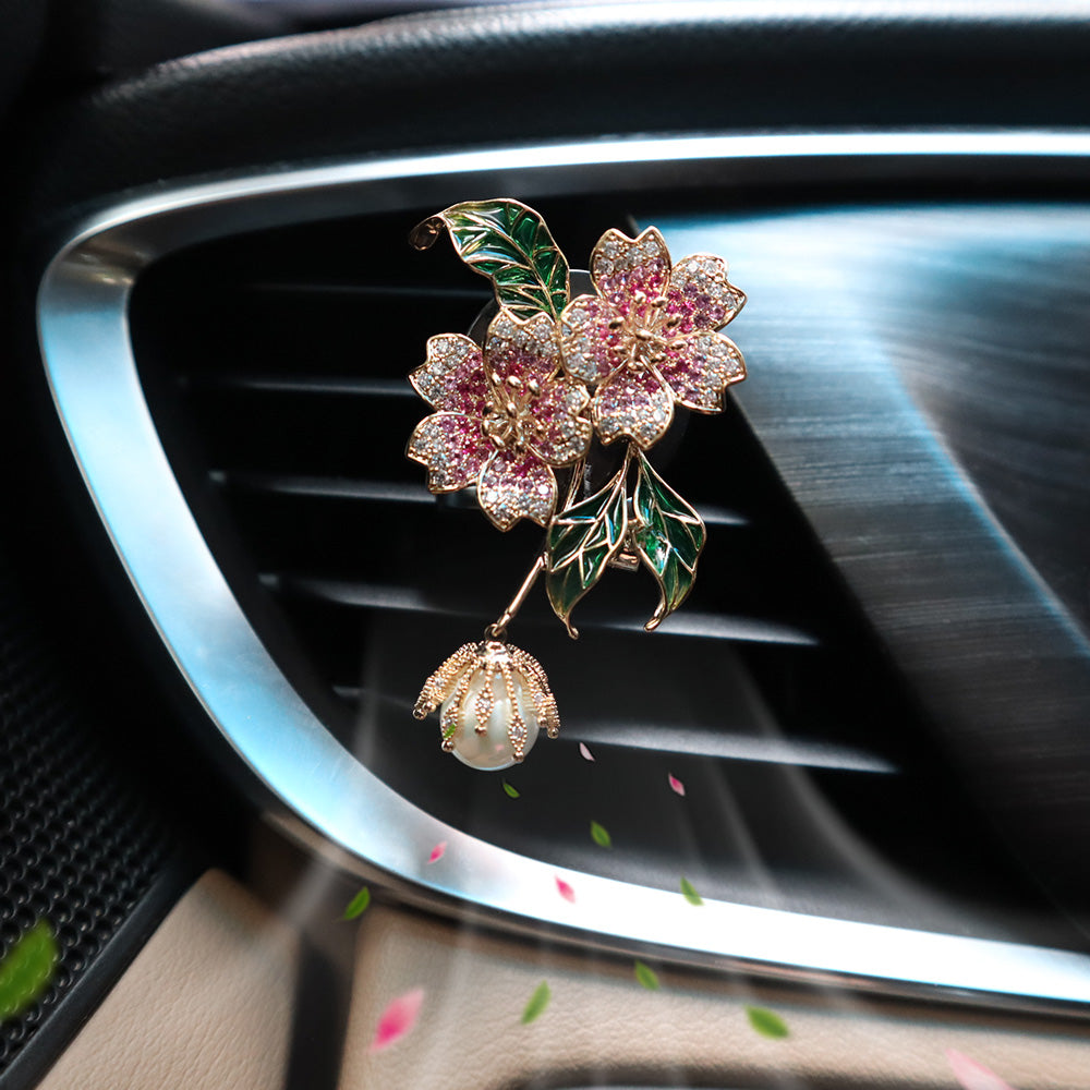 2pcs Elegant Zircon Pink Brass Alloy Flower Pendant Car Air Freshener Vent Clips,Lavender Car Scent