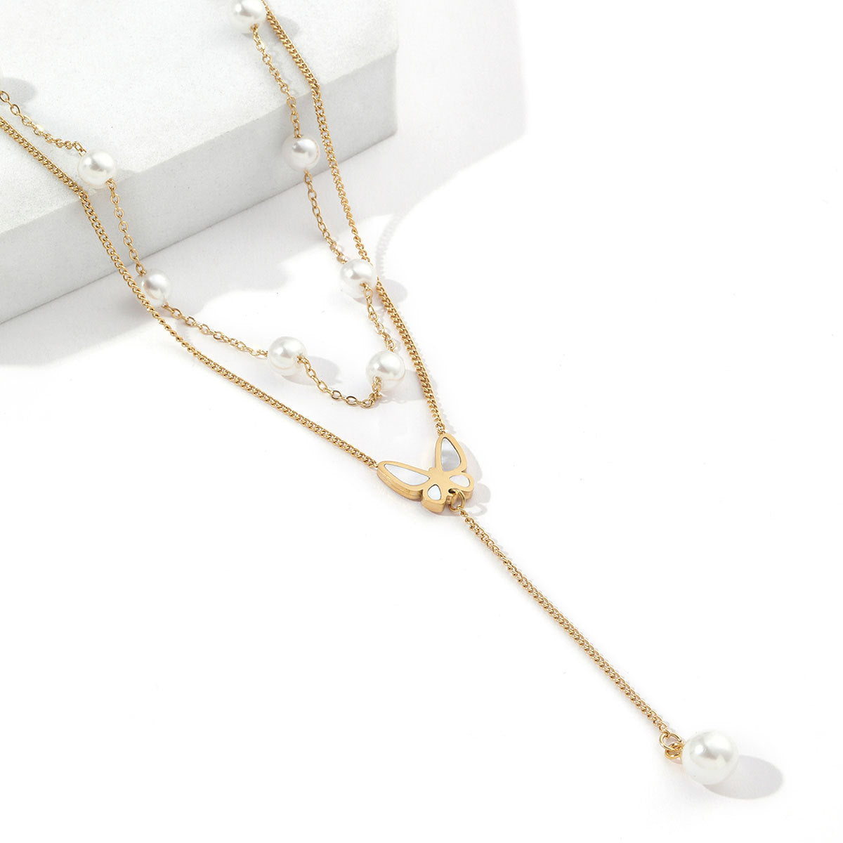 Pearl Shell Butterfly Tassel Necklace, 18k Gold Colour Retaining Titanium Steel Ladies Necklace