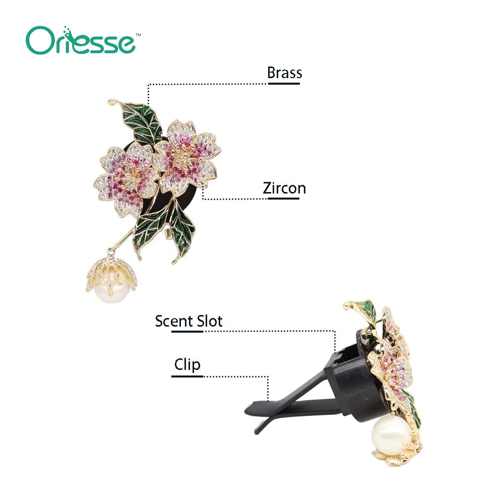 2pcs Elegant Zircon Pink Brass Alloy Flower Pendant Car Air Freshener Vent Clips,Lavender Car Scent